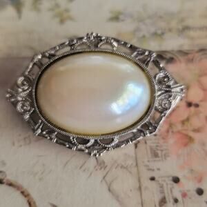 Brooch Women Vintage Pin Sterling Silver Pearl Cabochon Filigree Elegant Brooch